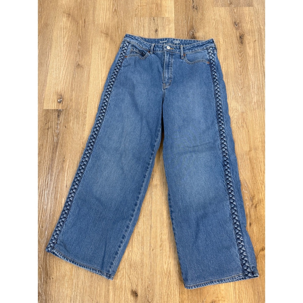 Old Navy Sky-Hi Wide Leg Jeans Womens 10 Blue Braided‎ Side Seam Extra High Rise